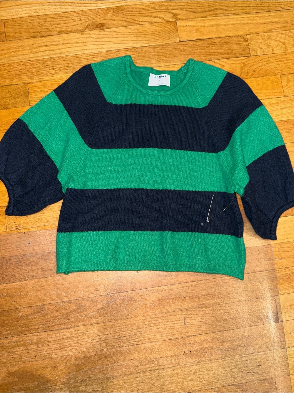 Old Navy Green and Navy Wide-Stripe Crew Sweater